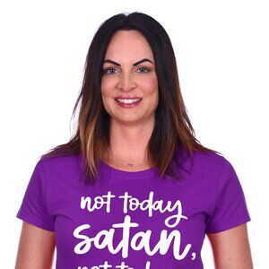 JH Design Women's Religious Christian Not Today Satan Purple T-shirt
